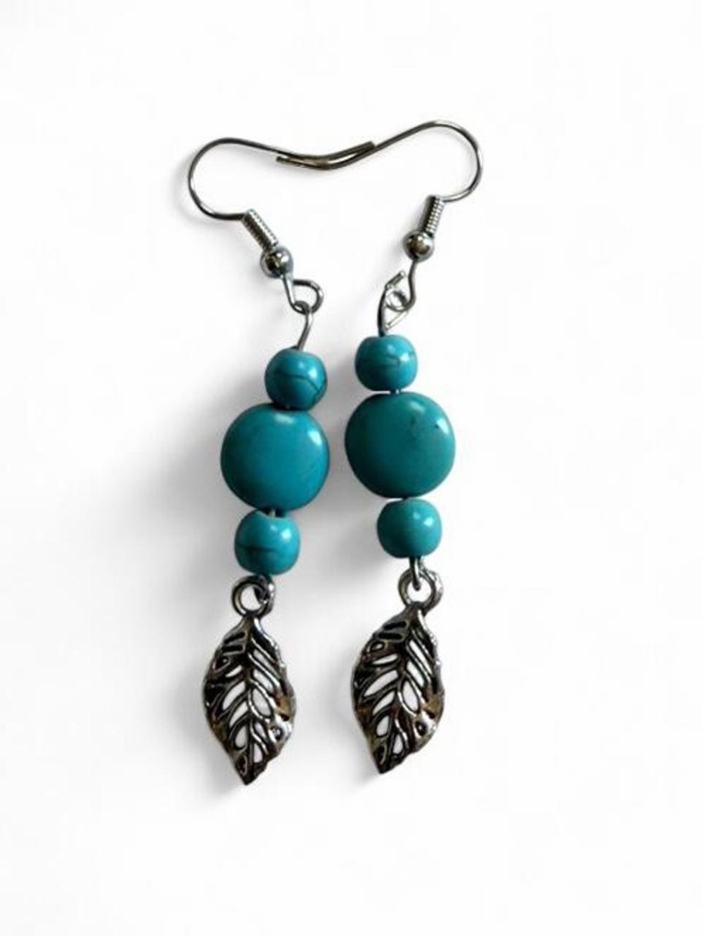 Handmade Turquoise Beaded Silver Leaf Drop Earrings Boho